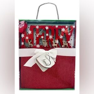 New BORN LOVED Deluxe Gift Set “MERRY” Room Art & Plush Red Baby Blanket Unisex